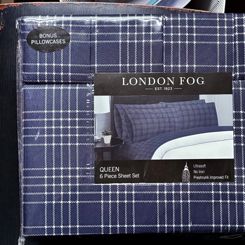6-pc London Fog QUEEN SIZE Sheet Set NAVY BLUE PLAID (2 extra pillowcases)
